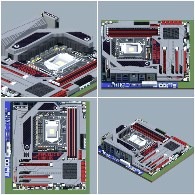 Just recreated the ASUS ROG's MAXIMUS VI FORMULA Z87 motherboard in Minecraft 1.12.2 within almost 2.5 hours, thanks in huge part from MCEdit 0.1.7.1 for greatly reducing time to do so! They're rendered via Chunky.