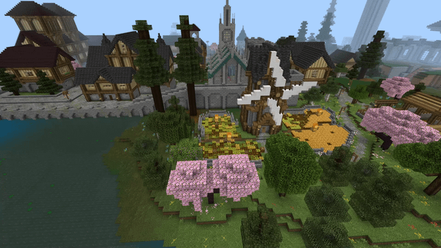 Quick flyover of the town I've been building on an SMP realm with my nieces and nephews.