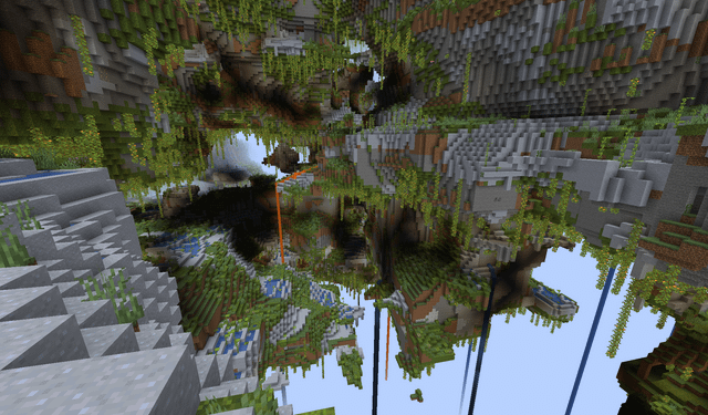 Just wow... So I made a Lush cave floating island world in 21w42a then went to new chunks in RC4