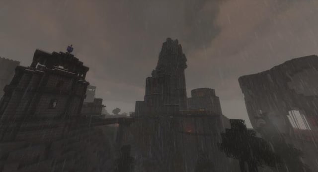 Rainy shot of my survival castle. Giant buildings are my favourite, and this is also my “starter” house.