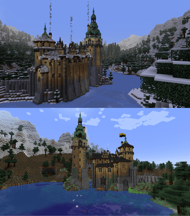 Lake castle in the winter and summer